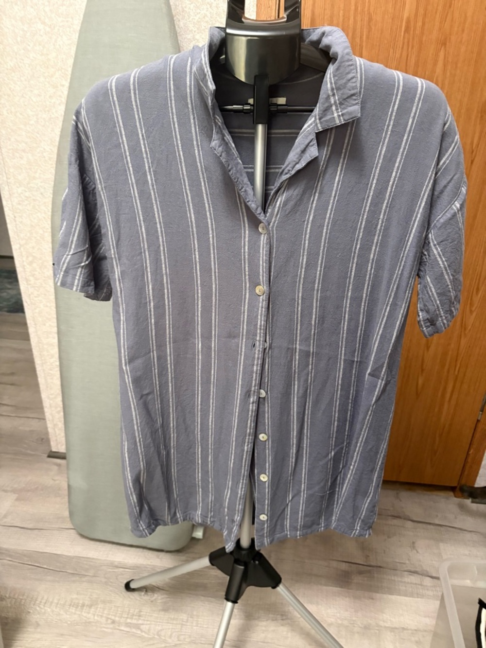 Z Supply Blue and White Vertical Stripe Short-Sleeve Button-Down Shirt